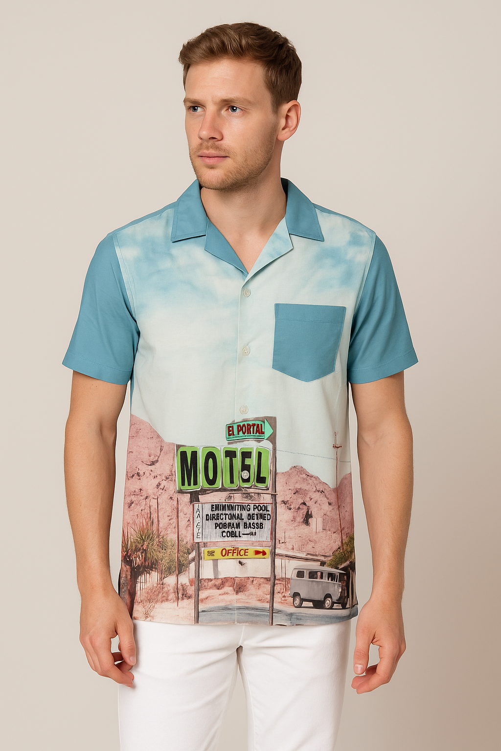 Retro Motel Print Rayon Shirt – Sky Blue Desert Edition