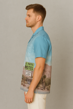 Retro Motel Print Rayon Shirt – Sky Blue Desert Edition
