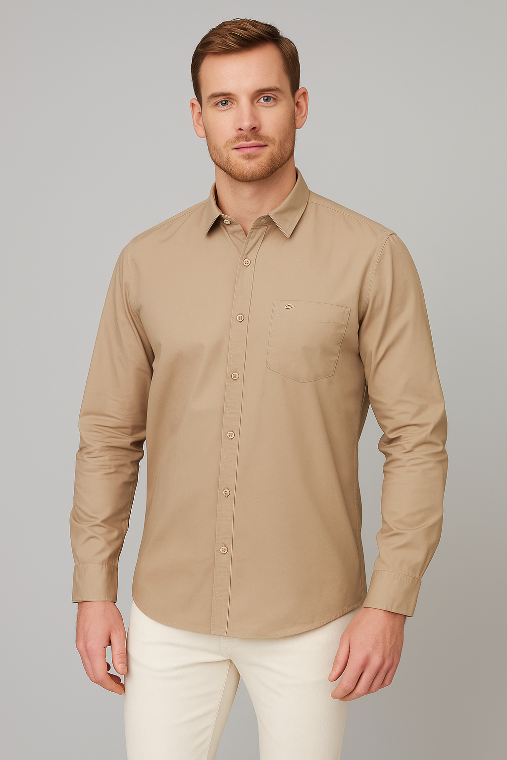 Men’s Beige Cotton Poplin Long-Sleeve Shirt