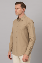 Men’s Beige Cotton Poplin Long-Sleeve Shirt