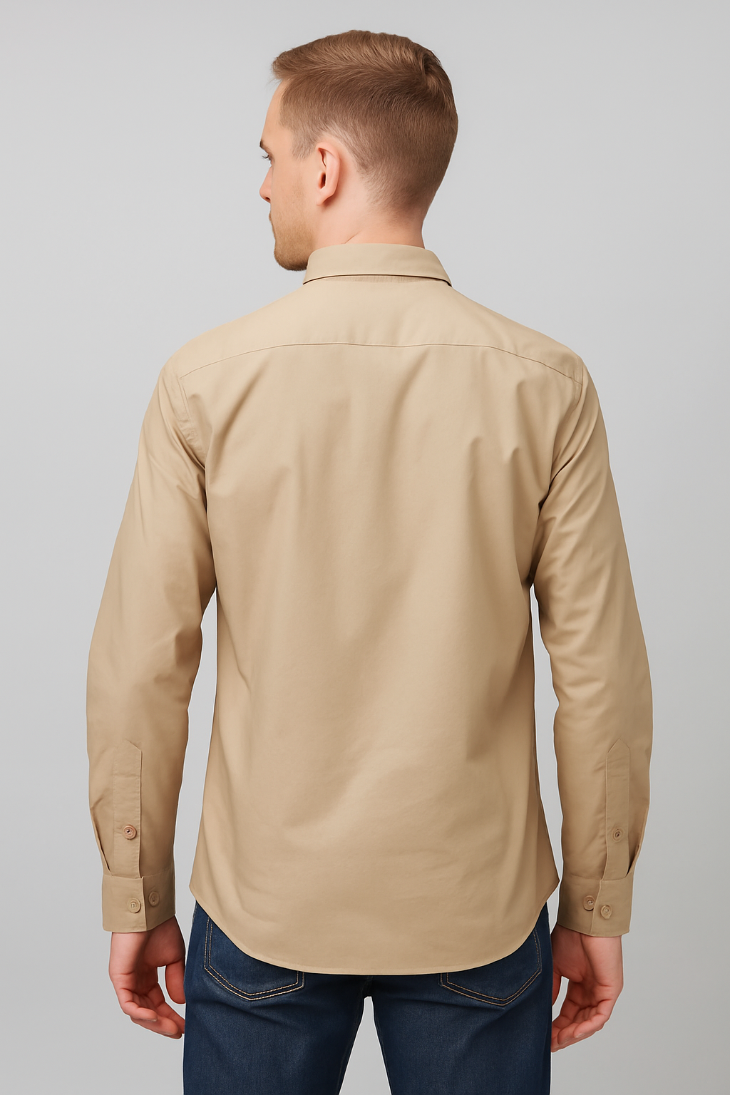 Men’s Beige Cotton Poplin Long-Sleeve Shirt