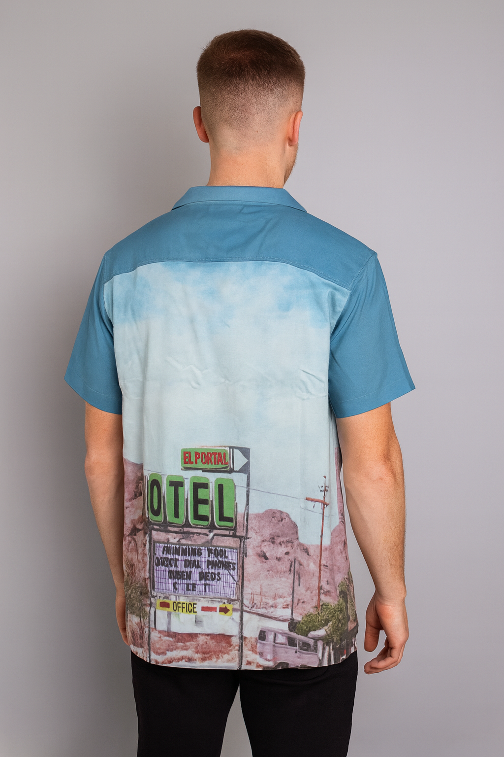 Retro Motel Print Rayon Shirt – Sky Blue Desert Edition