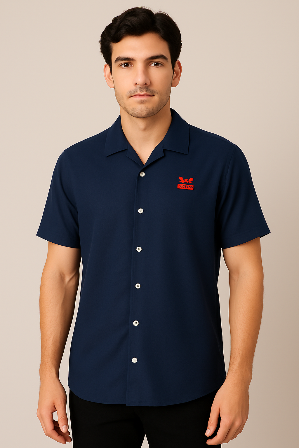Men’s Navy Blue Cotton Viscose Short-Sleeve Shirt – Surplus Stock
