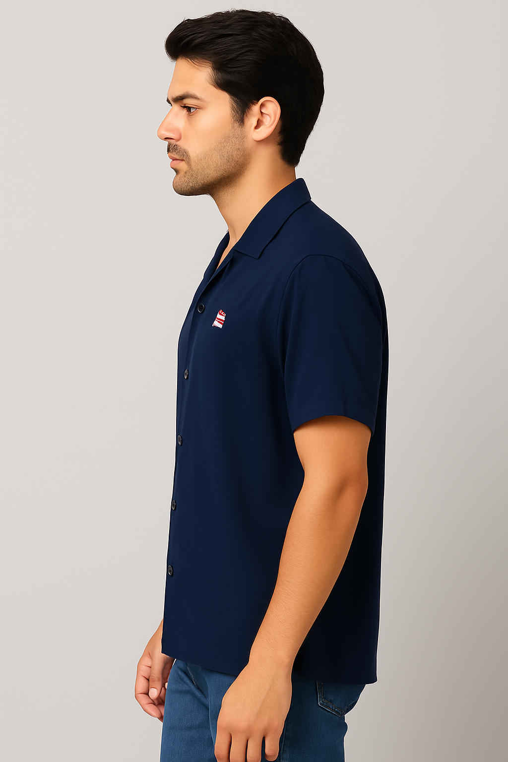 Men’s Navy Blue Cotton Viscose Short-Sleeve Shirt – Surplus Stock