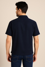 Men’s Navy Blue Cotton Viscose Short-Sleeve Shirt – Surplus Stock