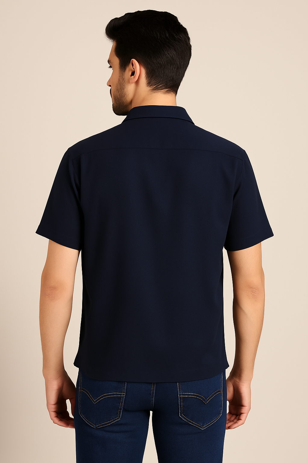 Men’s Navy Blue Cotton Viscose Short-Sleeve Shirt – Surplus Stock