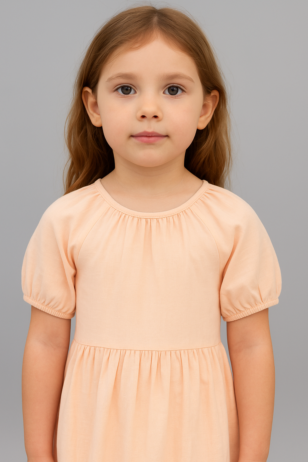 Peach Puff-Sleeve Cotton Double Cloth Dress