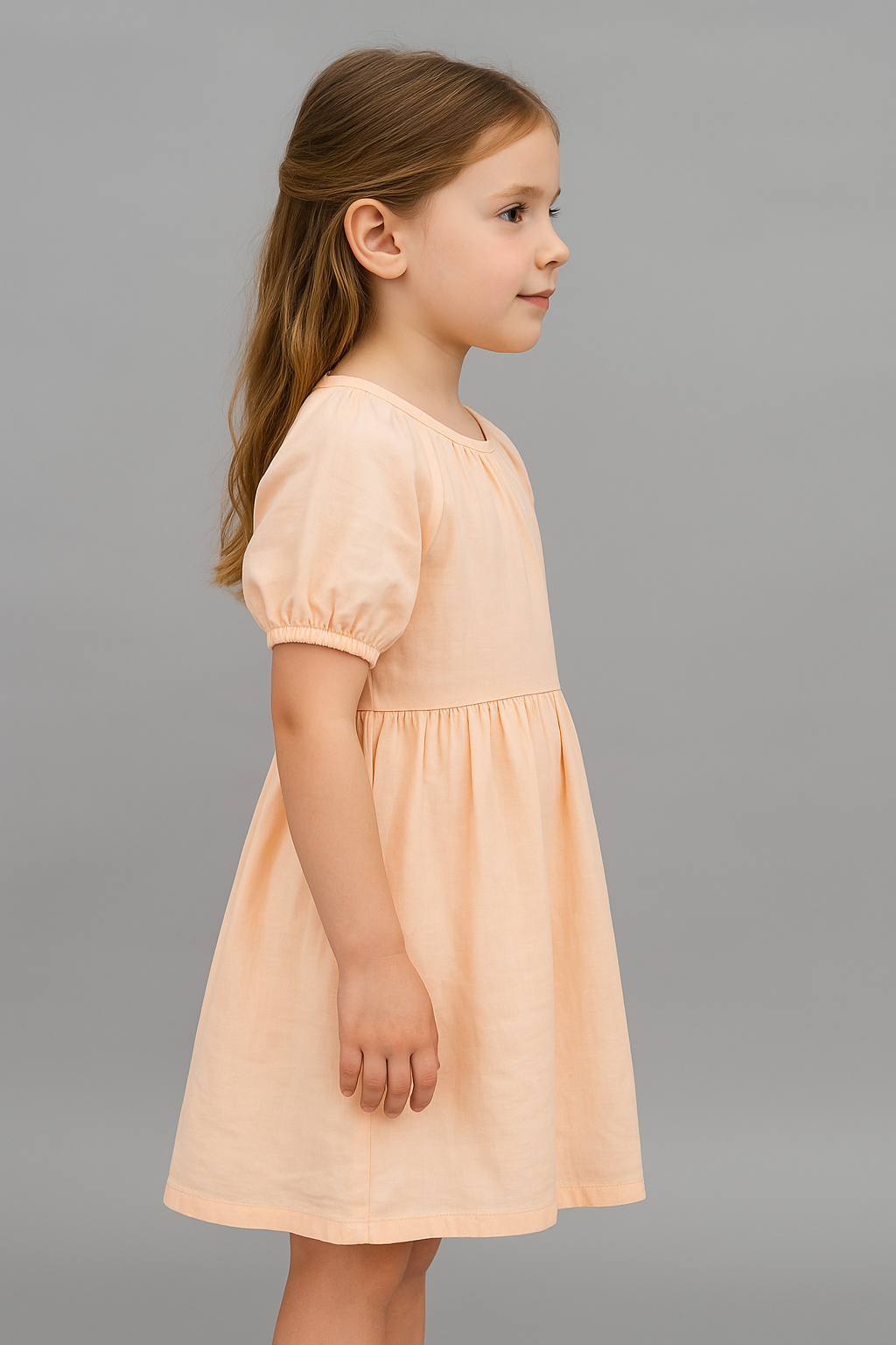 Peach Puff-Sleeve Cotton Double Cloth Dress