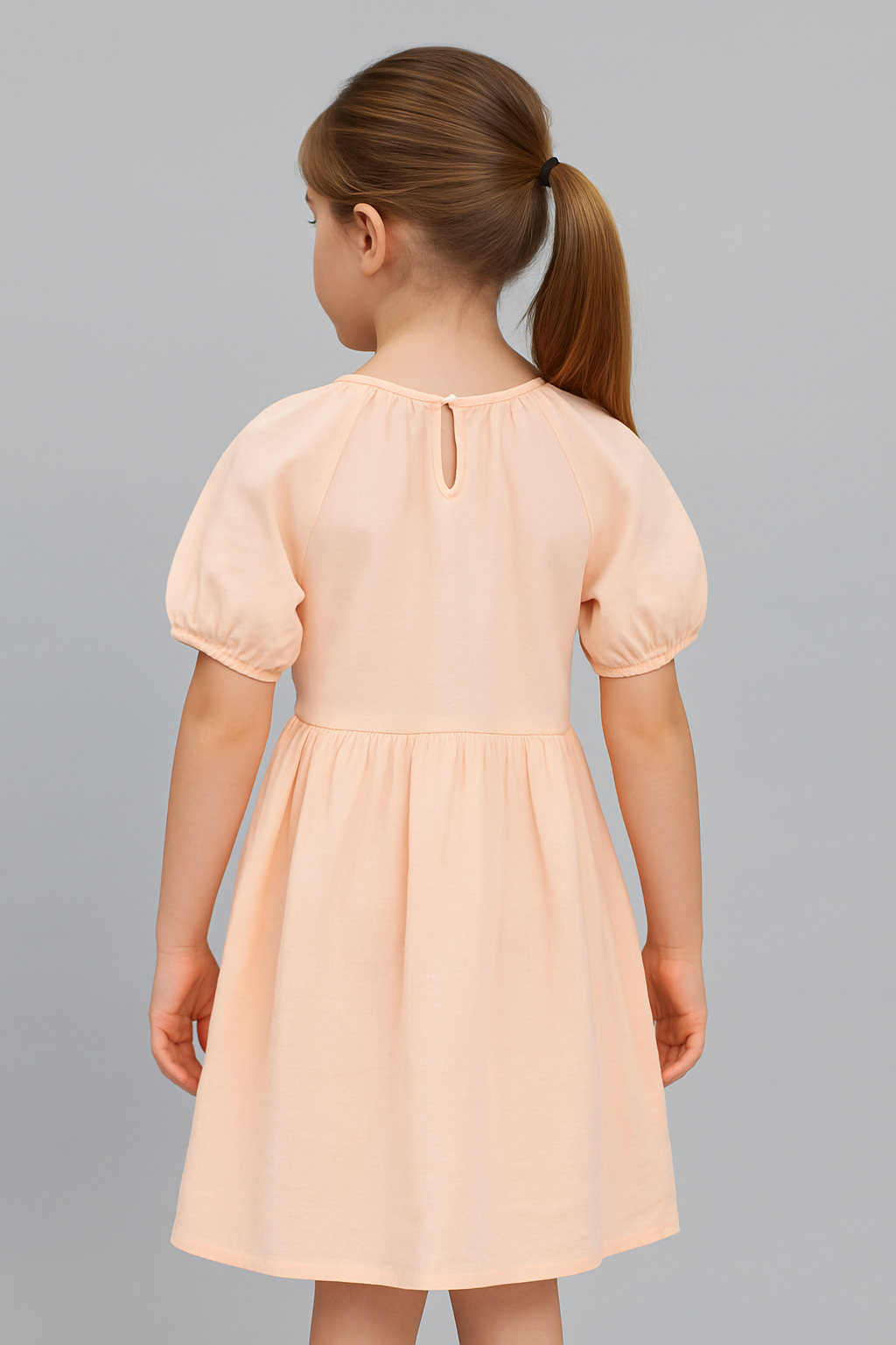 Peach Puff-Sleeve Cotton Double Cloth Dress