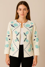 Women’s White Cotton Schiffli Embroidered Open-Front Jacket