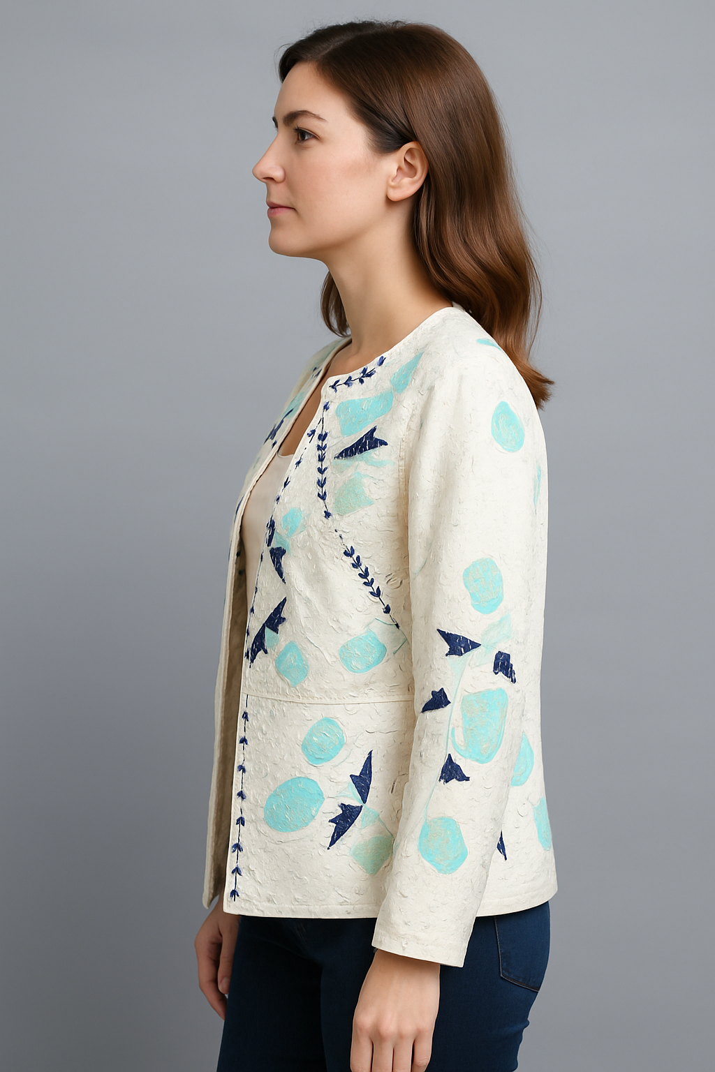 Women’s White Cotton Schiffli Embroidered Open-Front Jacket