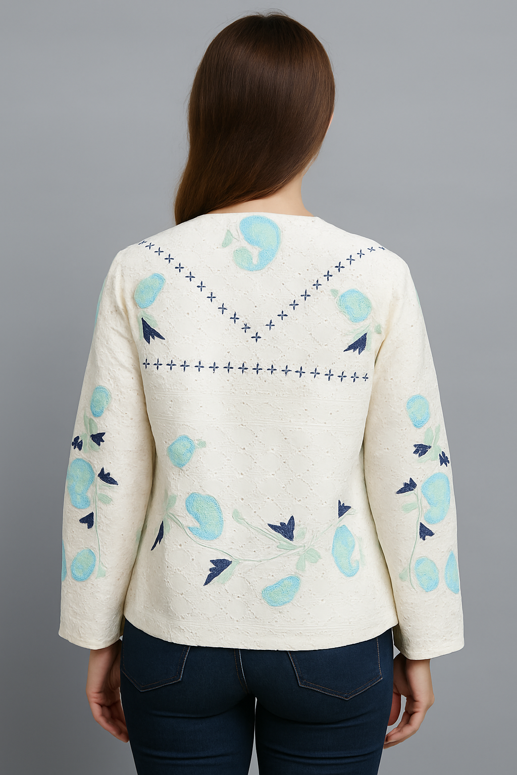 Women’s White Cotton Schiffli Embroidered Open-Front Jacket