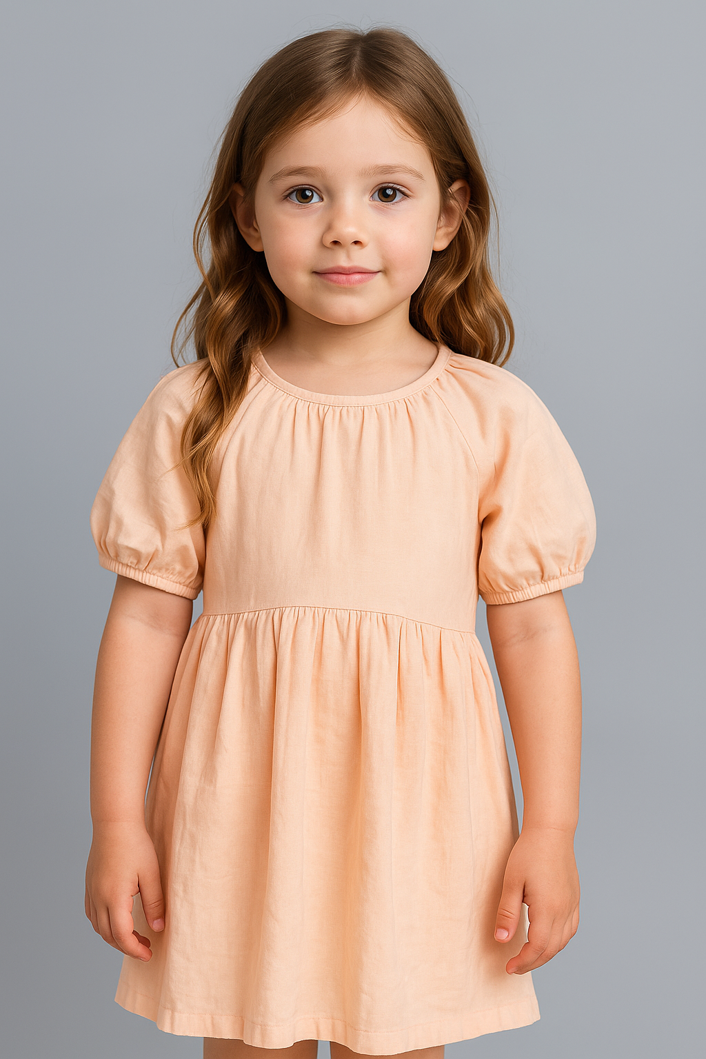 Peach Puff-Sleeve Cotton Double Cloth Dress
