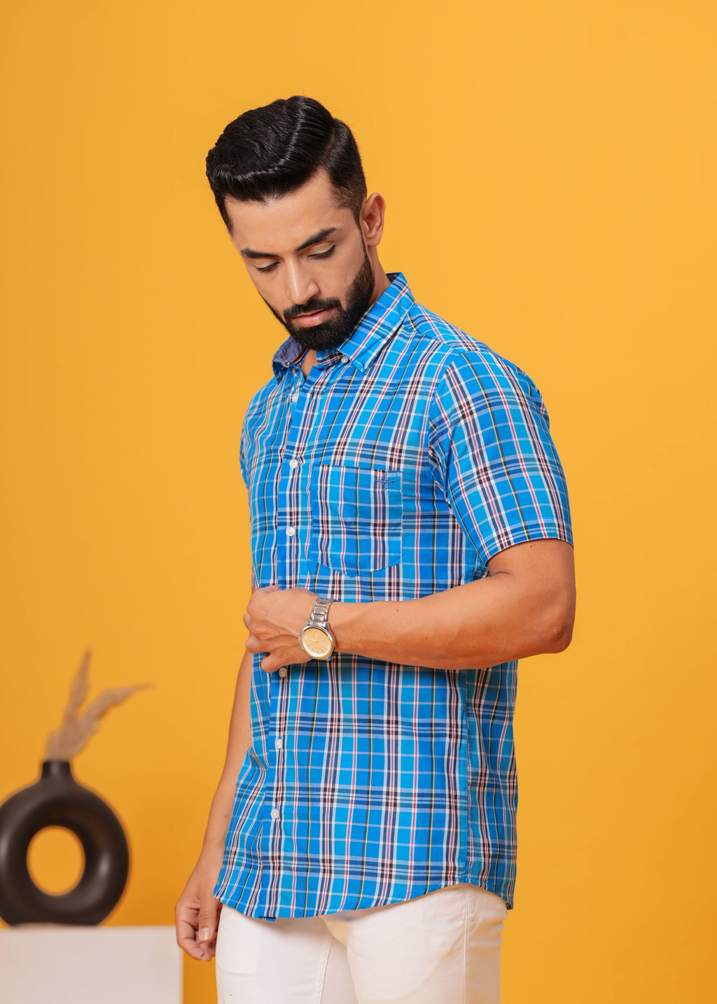 Men’s Blue Multi-Check Cotton Poplin Shirt