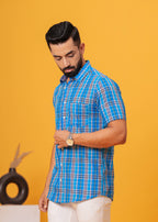 Men’s Blue Multi-Check Cotton Poplin Shirt