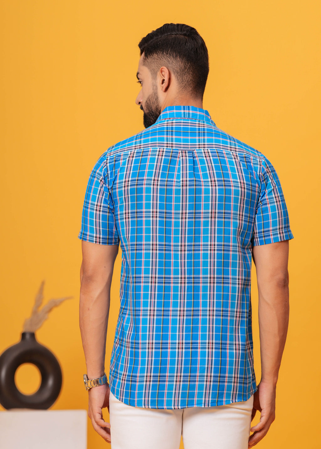 Men’s Blue Multi-Check Cotton Poplin Shirt
