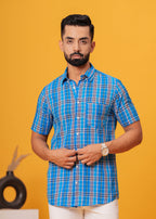Men’s Blue Multi-Check Cotton Poplin Shirt