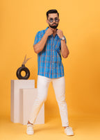 Men’s Blue Multi-Check Cotton Poplin Shirt