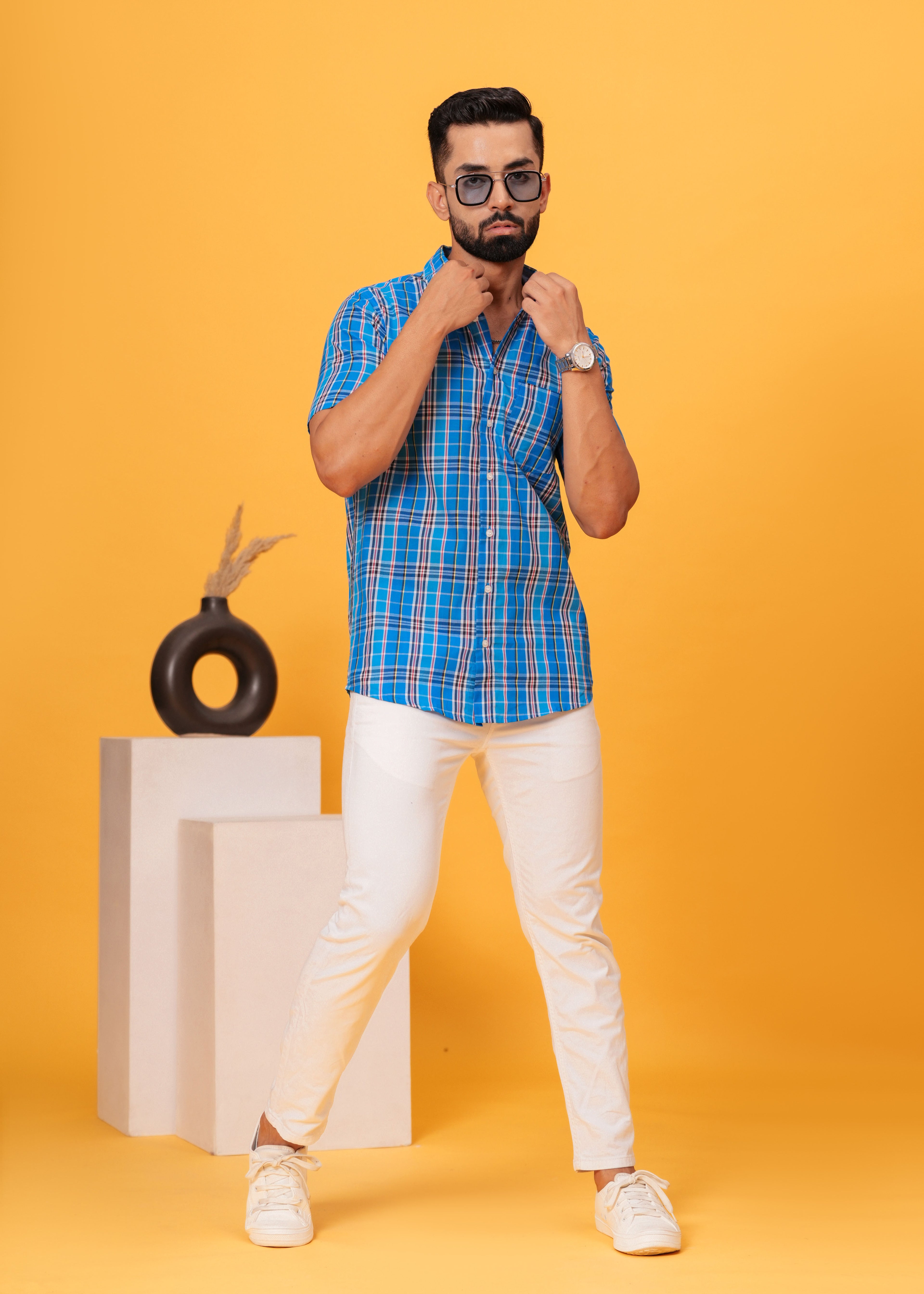 Men’s Blue Multi-Check Cotton Poplin Shirt