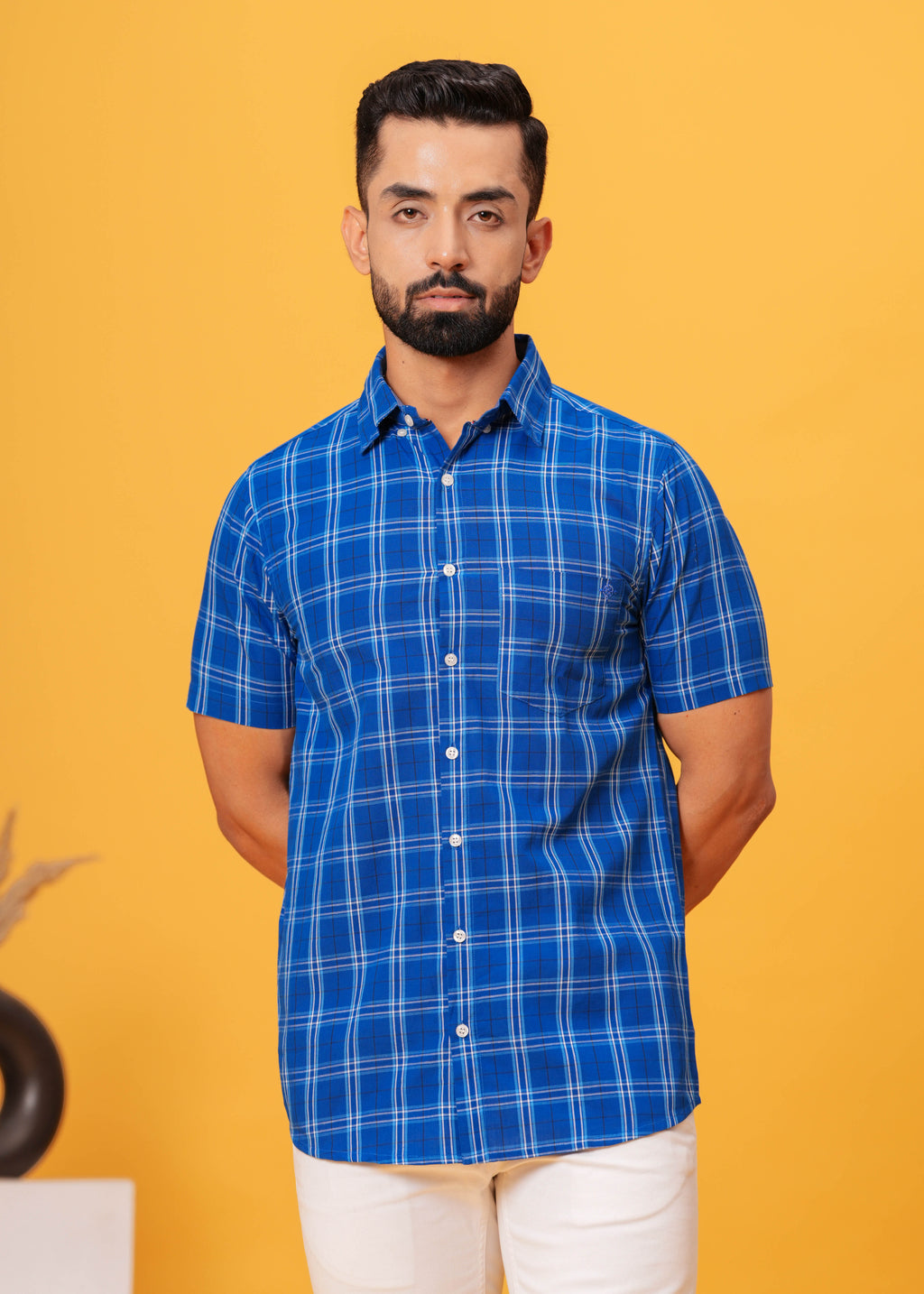 Men’s Blue Cotton Poplin Check Shirt