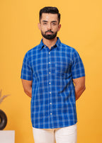 Men’s Blue Cotton Poplin Check Shirt