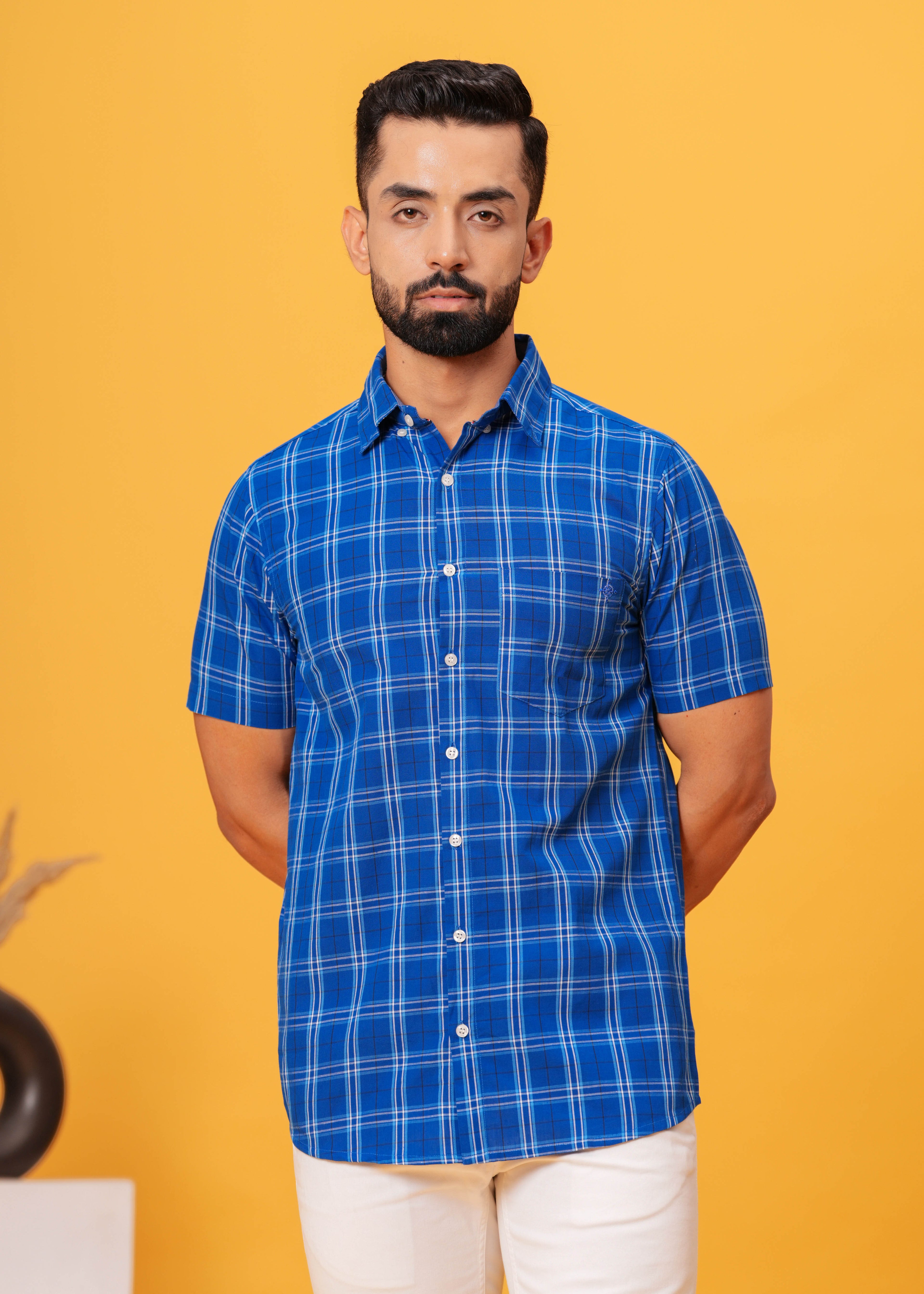 Men’s Blue Cotton Poplin Check Shirt