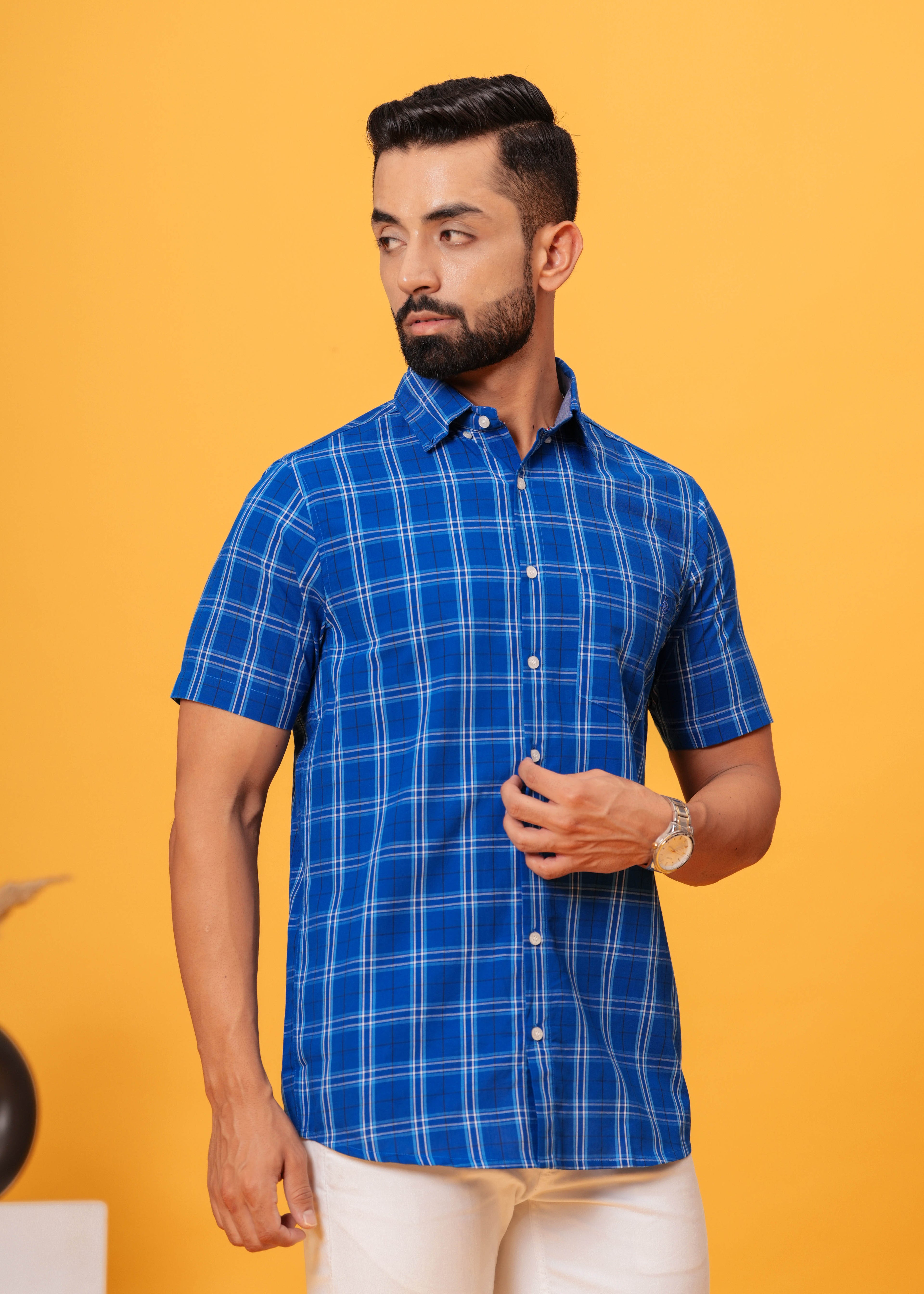 Men’s Blue Cotton Poplin Check Shirt