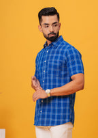 Men’s Blue Cotton Poplin Check Shirt