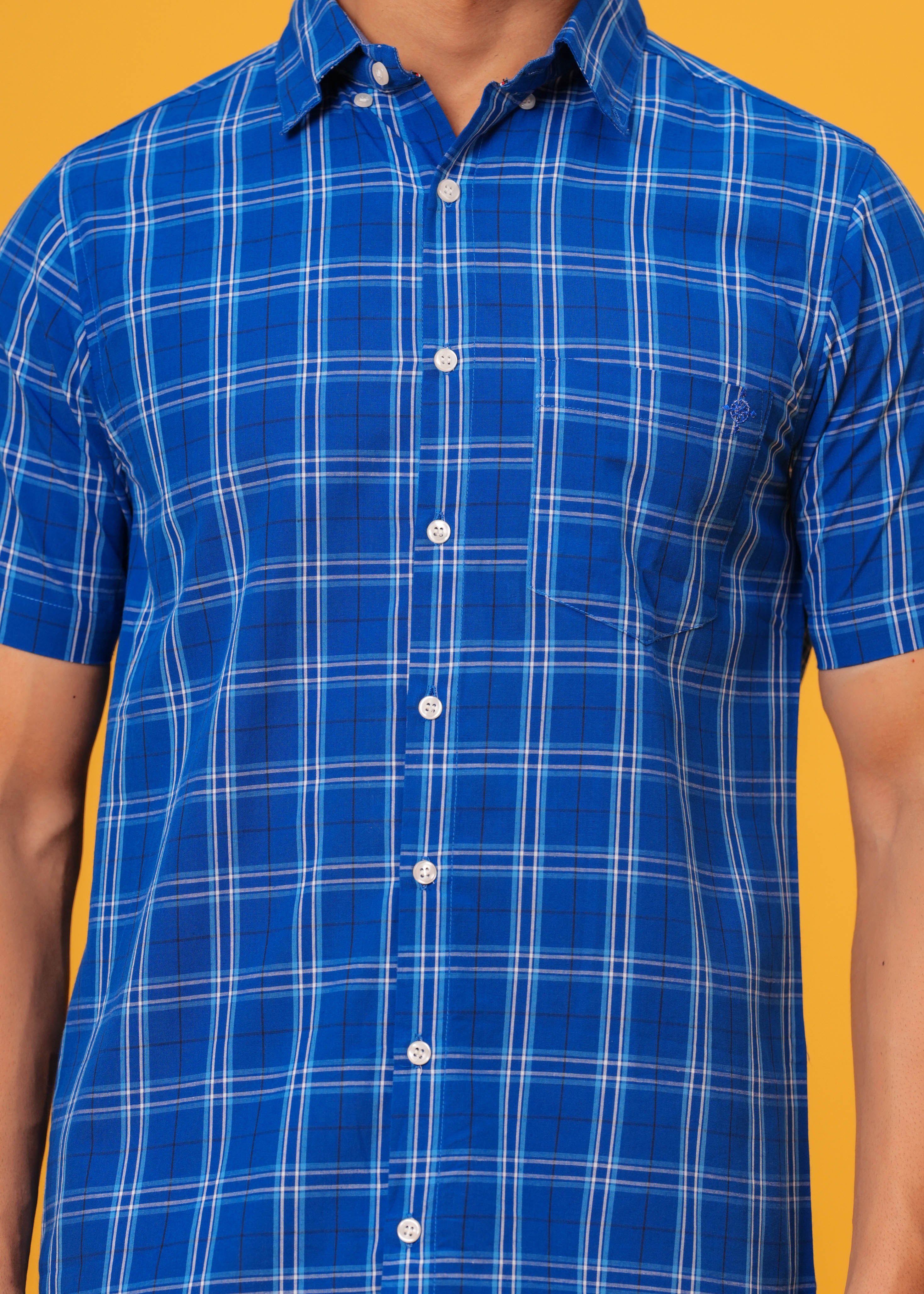 Men’s Blue Cotton Poplin Check Shirt