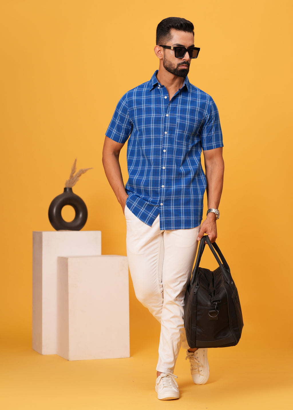 Men’s Blue Cotton Poplin Check Shirt