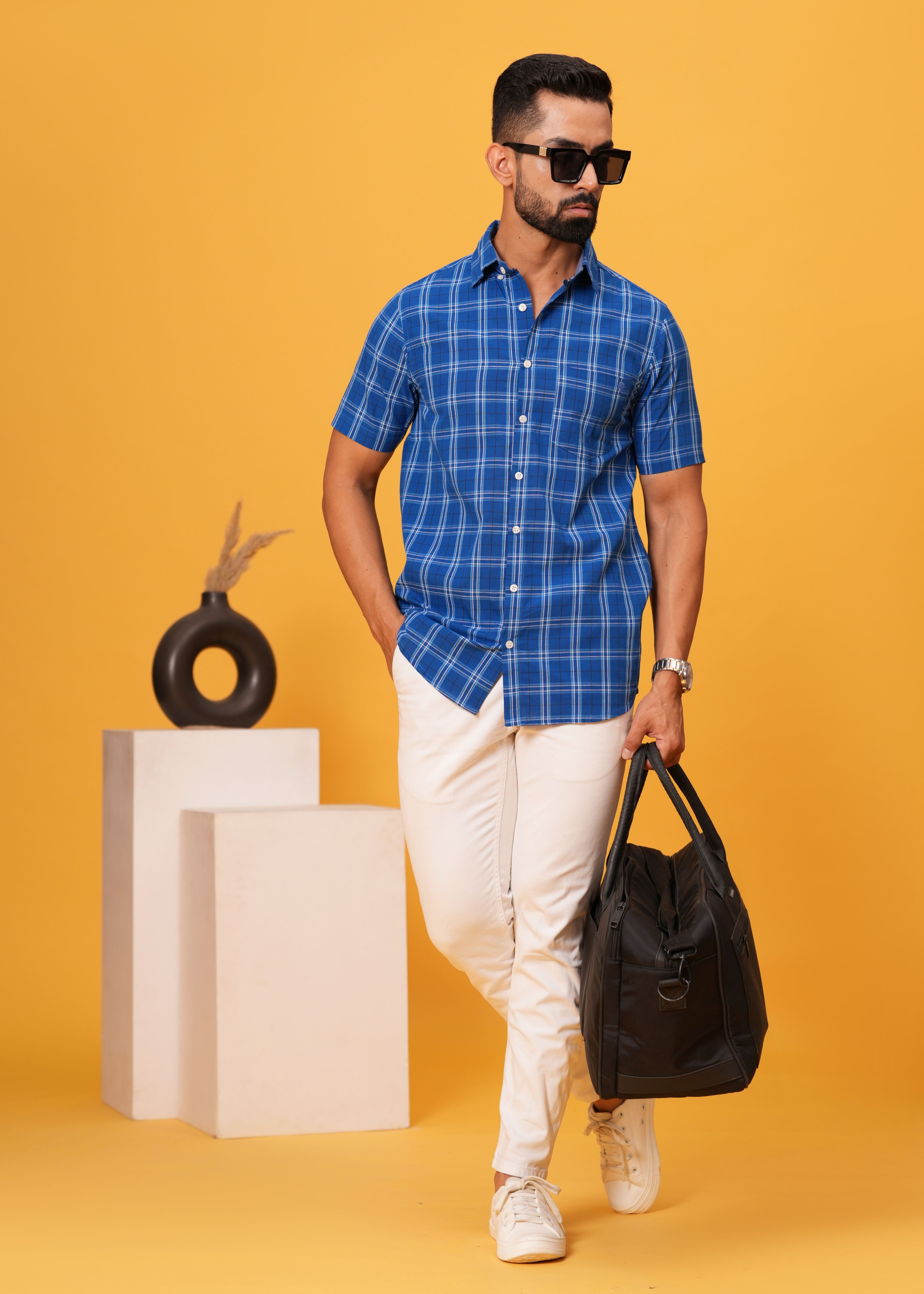 Men’s Blue Cotton Poplin Check Shirt