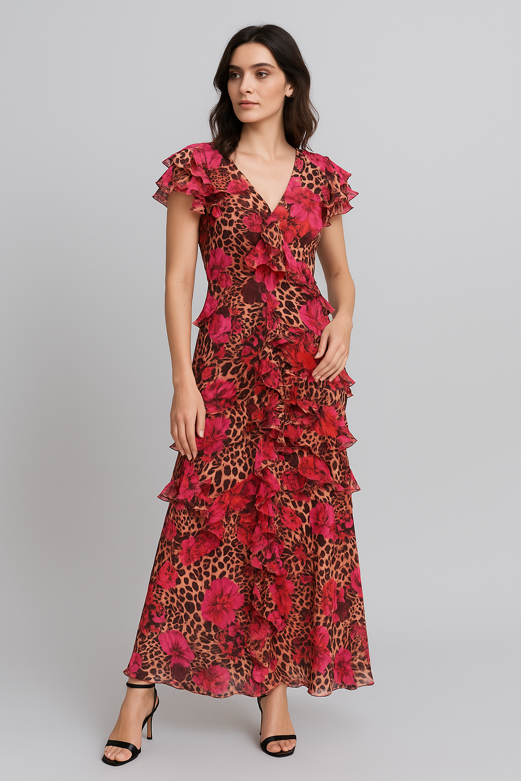 Floral Animal-Print Ruffle Maxi Dress