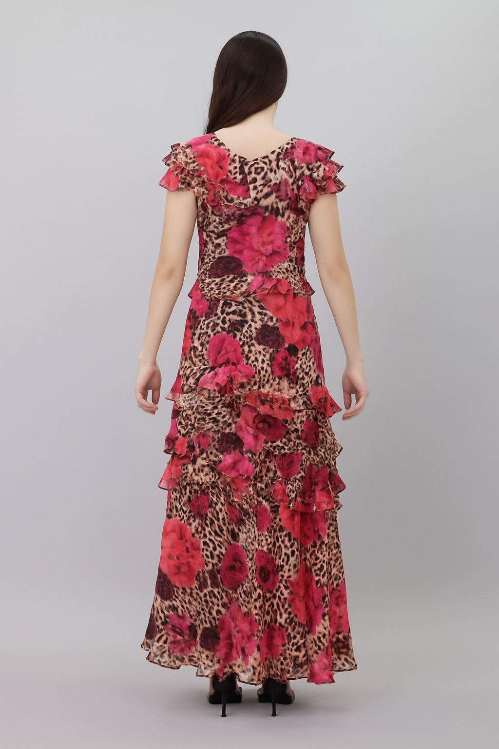 Floral Animal-Print Ruffle Maxi Dress