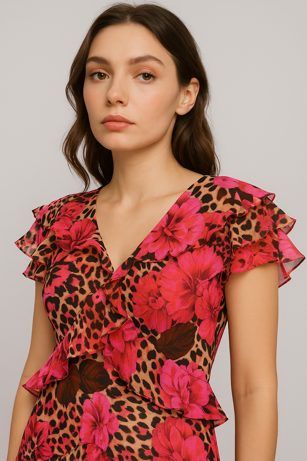 Floral Animal-Print Ruffle Maxi Dress