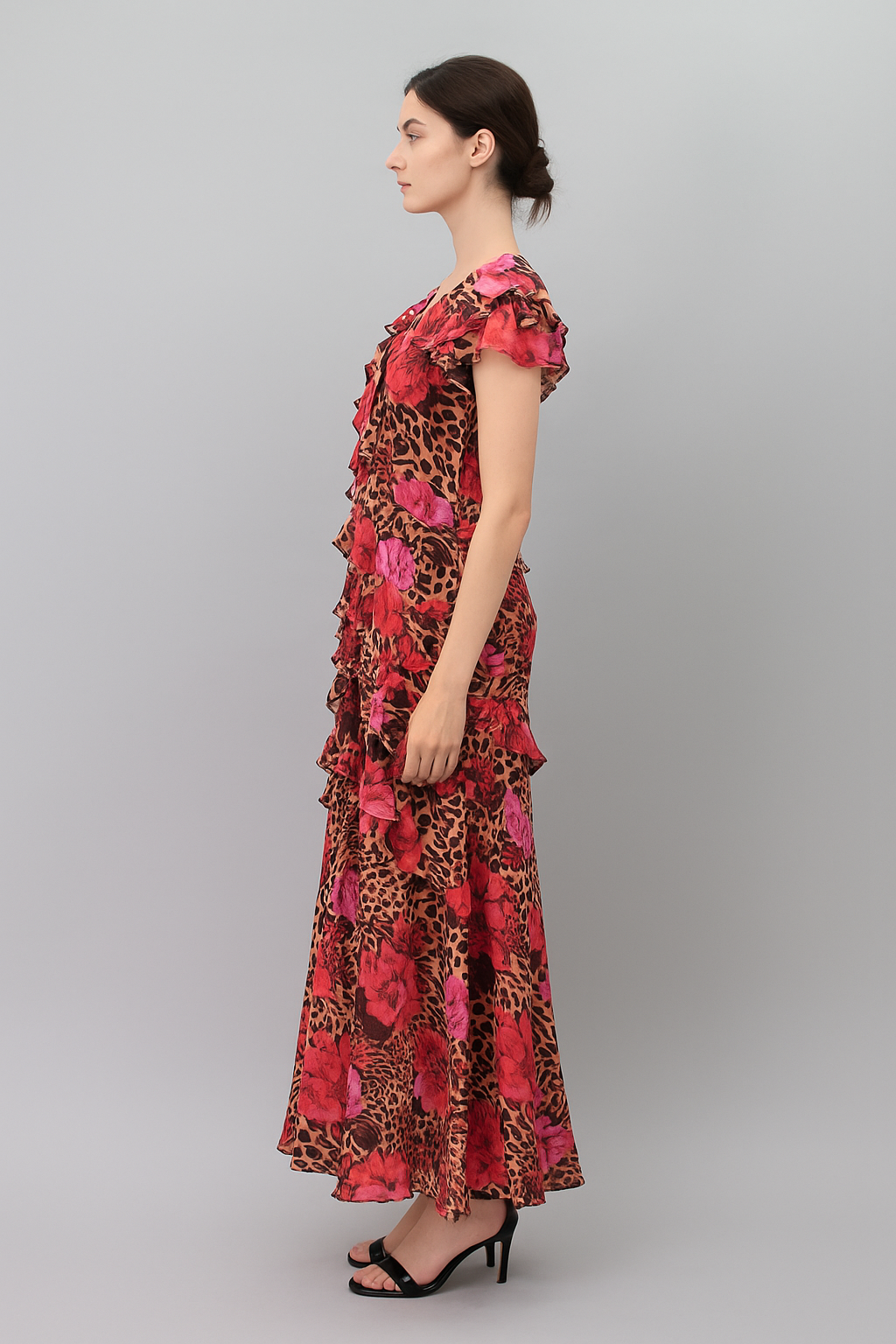 Floral Animal-Print Ruffle Maxi Dress