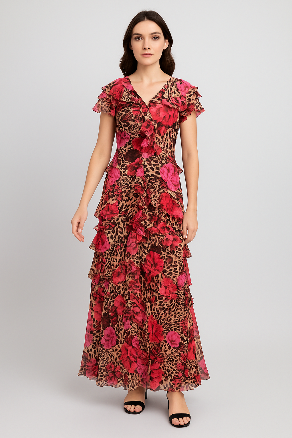 Floral Animal-Print Ruffle Maxi Dress