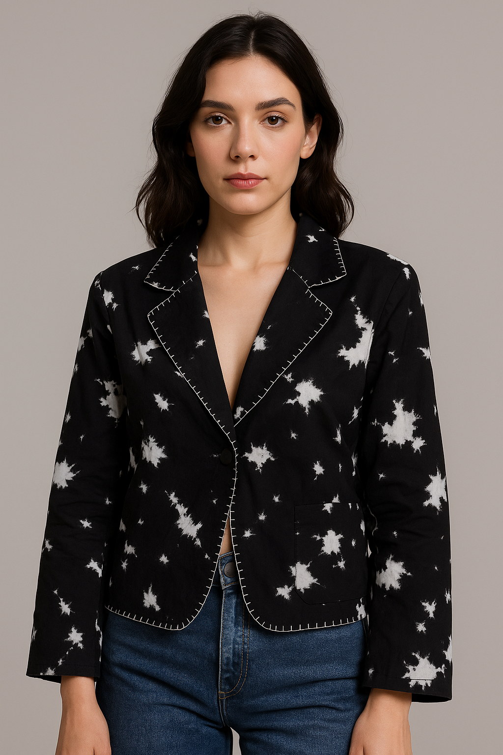 Black &amp; White Tie-Dye Cotton 60’s Fabric Jacket