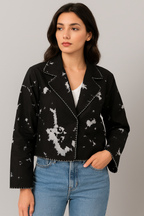 Black &amp; White Tie-Dye Cotton 60’s Fabric Jacket
